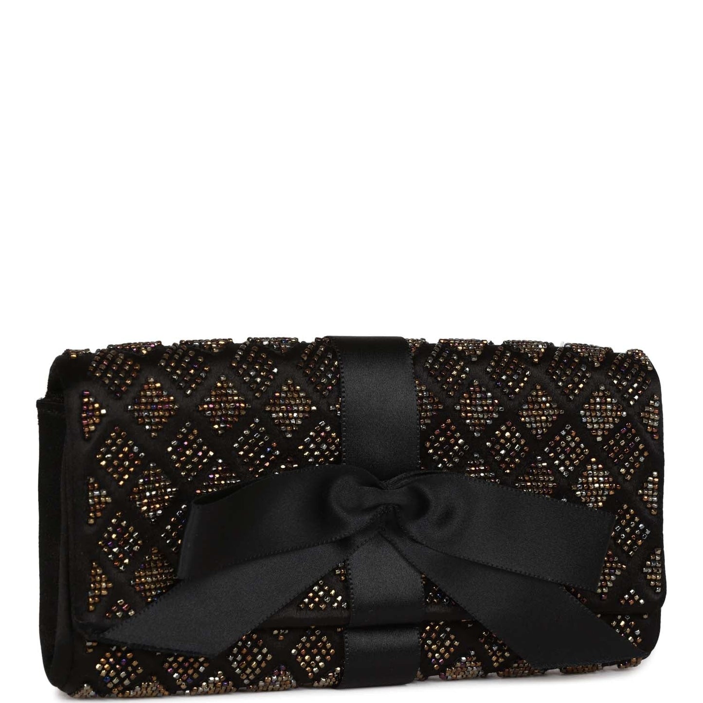 Chanel Bead Embellished Bow Flap Clutch Black Satin