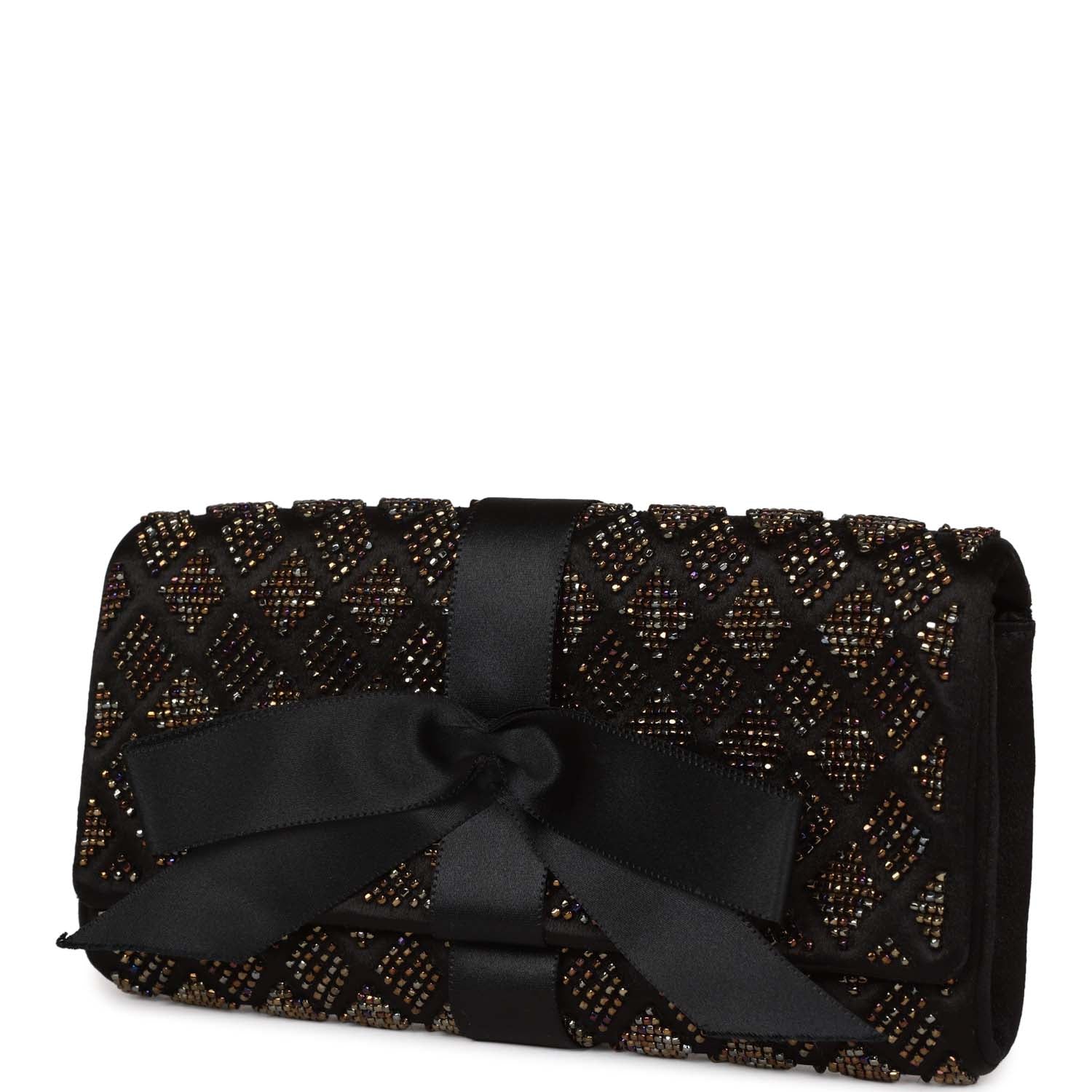 Chanel Bead Embellished Bow Flap Clutch Black Satin