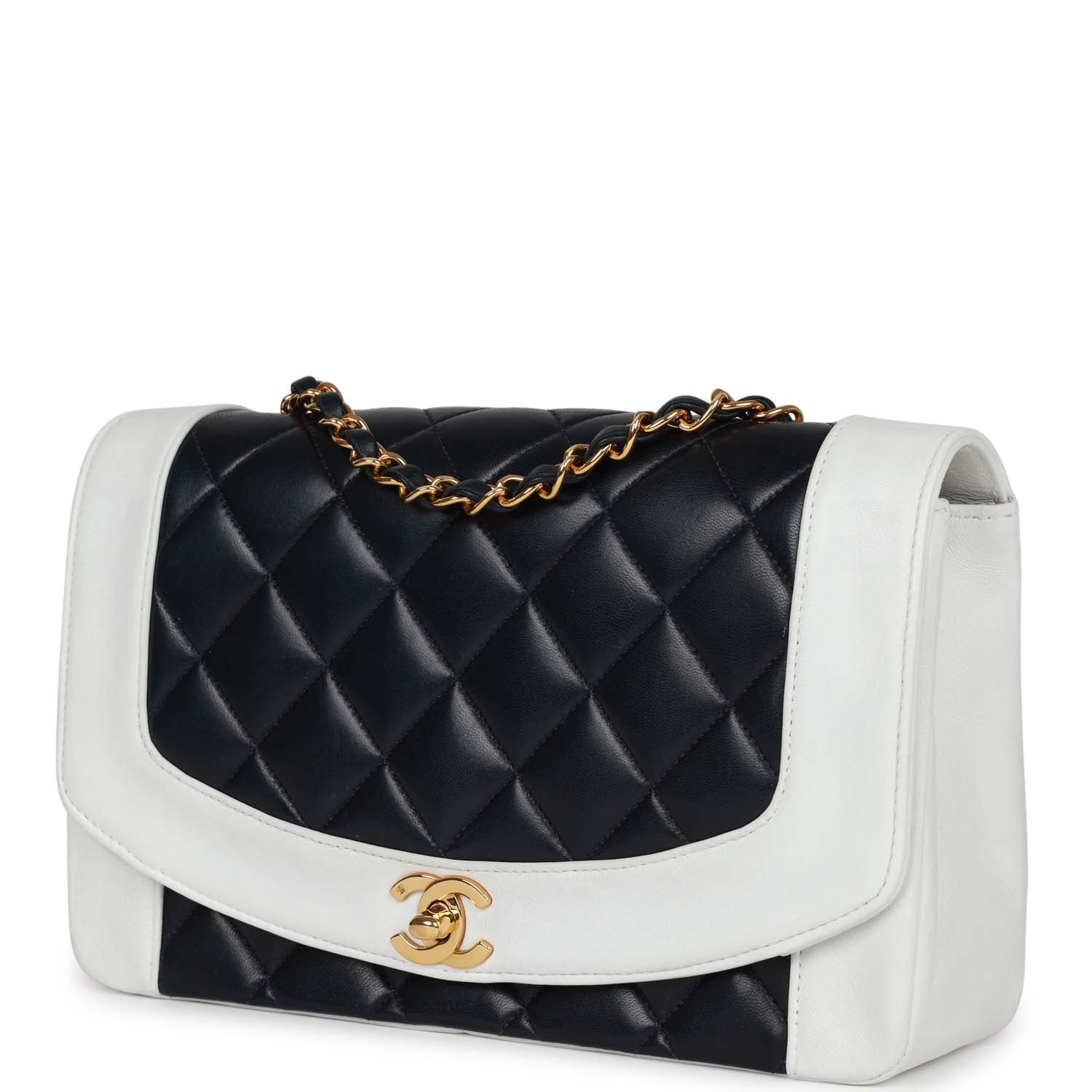 Chanel Small Diana Flap Bag White and Navy Lambskin Gold Hardware