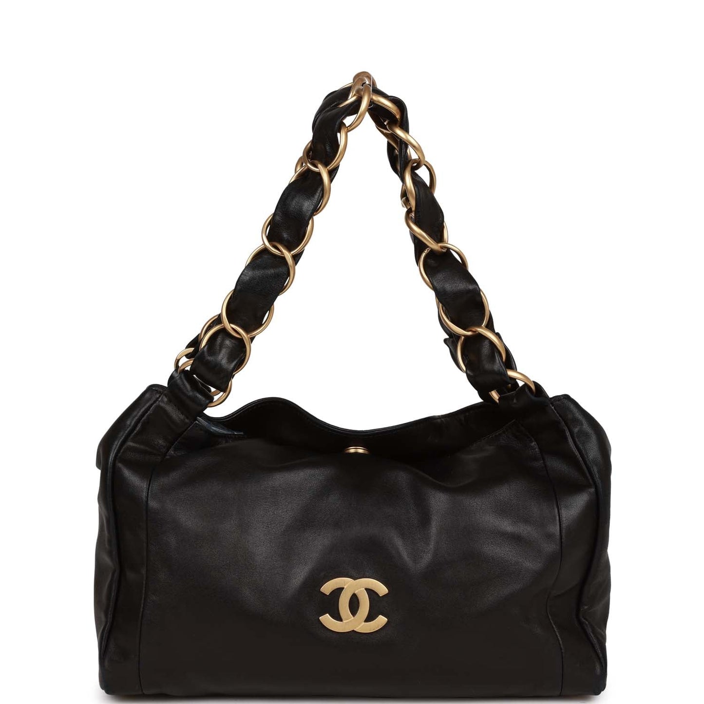 Chanel "Olsen" Hobo Shoulder Bag Black Lambskin Brushed Gold Hardware