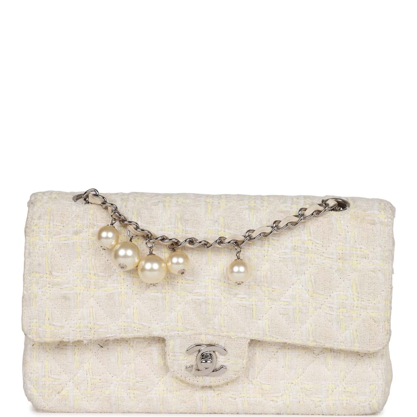 Chanel Medium Double Flap Bag White Tweed Silver Hardware