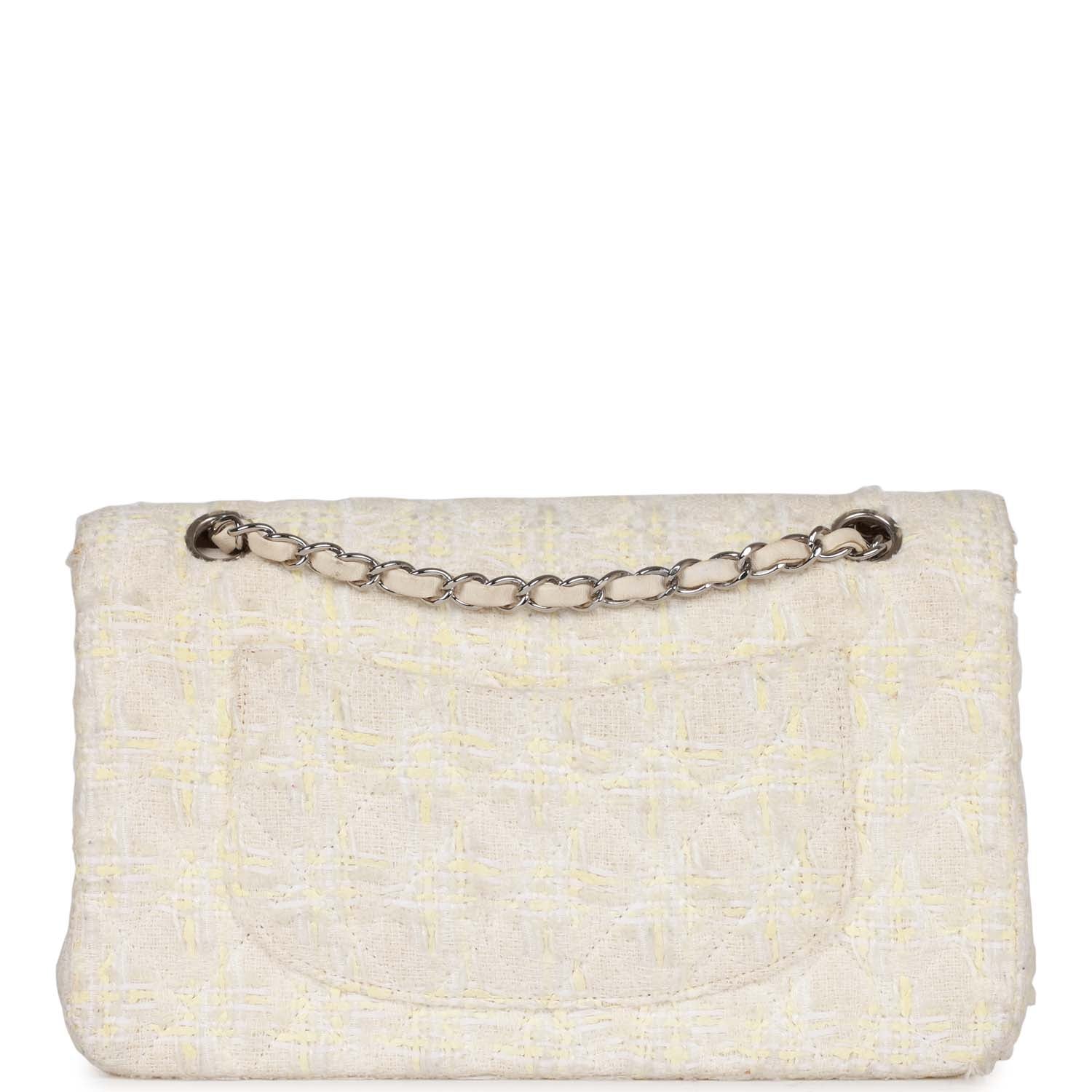 Chanel Medium Double Flap Bag White Tweed Silver Hardware