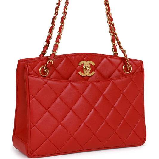 Chanel Mini Chain Tote Bag Red Lambskin Gold Hardware