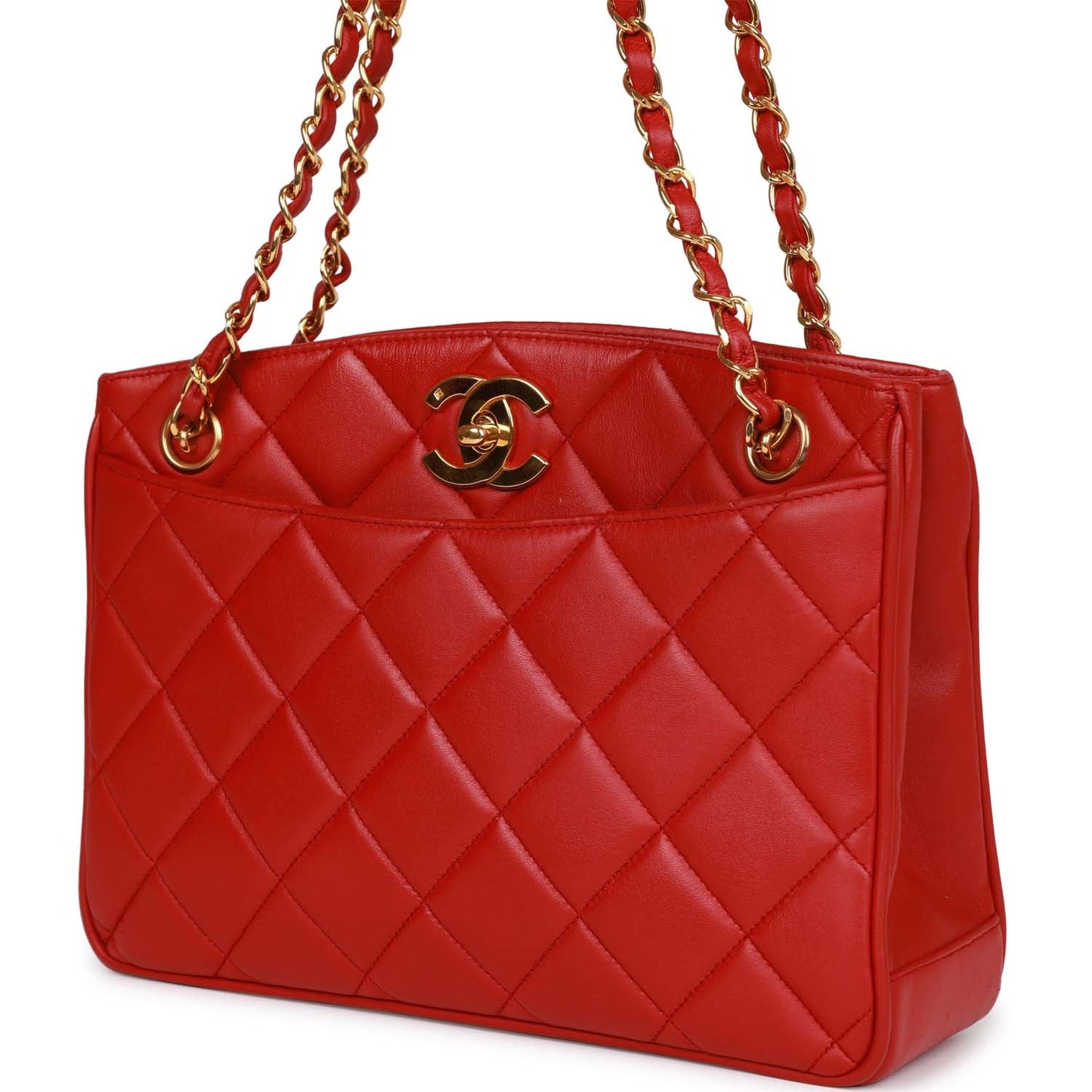 Chanel Mini Chain Tote Bag Red Lambskin Gold Hardware