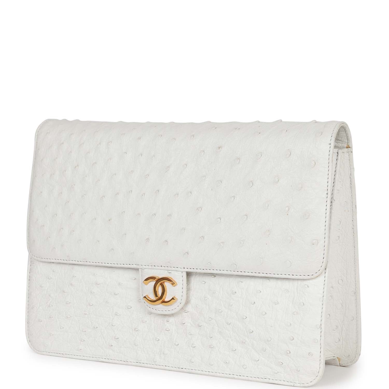 Chanel Single Flap Bag White Ostrich Gold Hardware