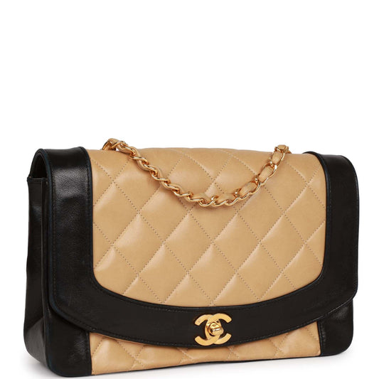 Chanel Medium Diana Flap Bag Black and Beige Lambskin Gold Hardware