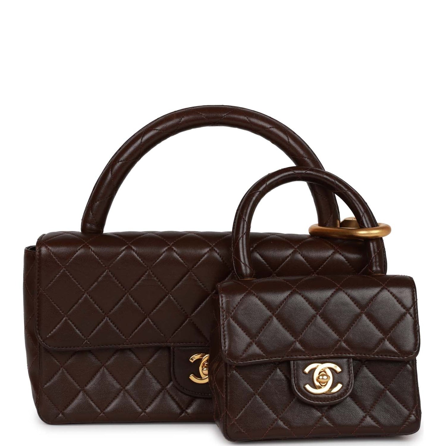 Chanel Kelly Parent and Child Flap Bag Set Brown Lambskin Gold Hardware