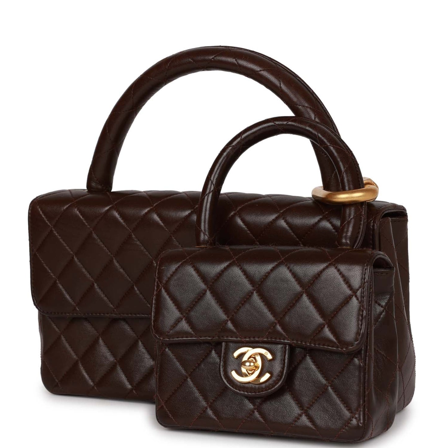 Chanel Kelly Parent and Child Flap Bag Set Brown Lambskin Gold Hardware