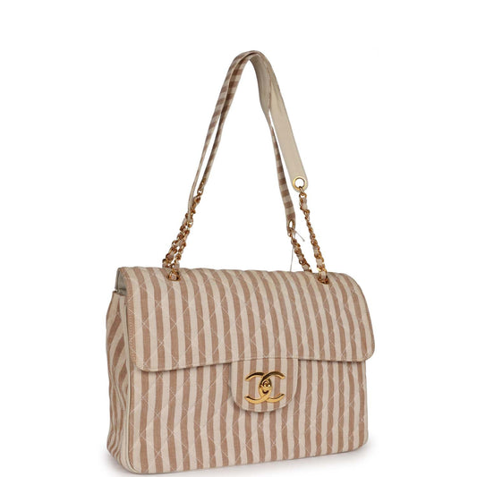 Chanel XXL Travel Flap Bag Striped Linen Gold Hardware