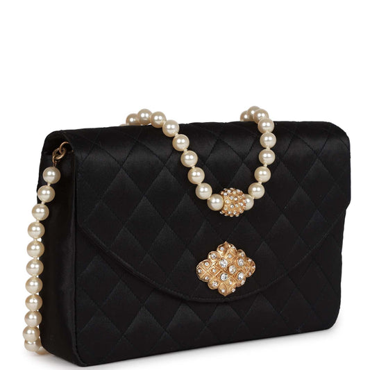 Chanel Gripoix Pearl Chain Bag Black Satin Gold Hardware
