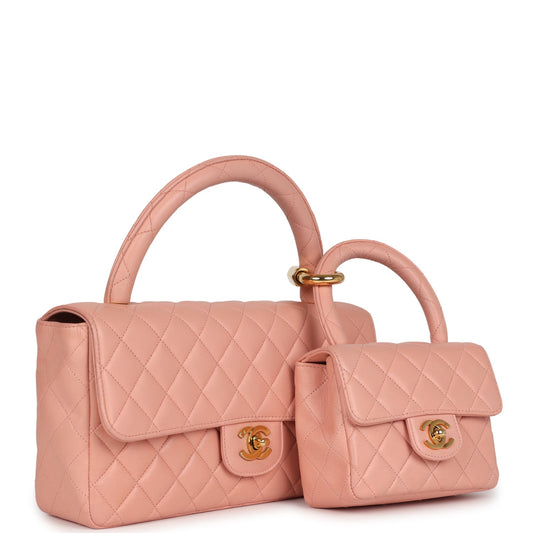 Chanel Kelly Parent and Child Flap Bag Set Pink Lambskin Gold Hardware