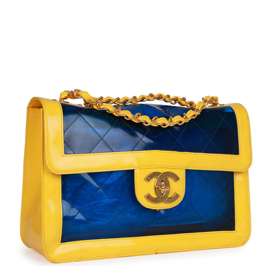 Chanel Maxi Flap Bag Yellow/Blue Quilted Patent Leather Gold Hardware