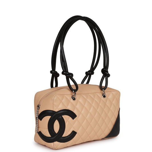 Chanel Cambon Bowler Bag Beige and Black Calfskin Silver Hardware