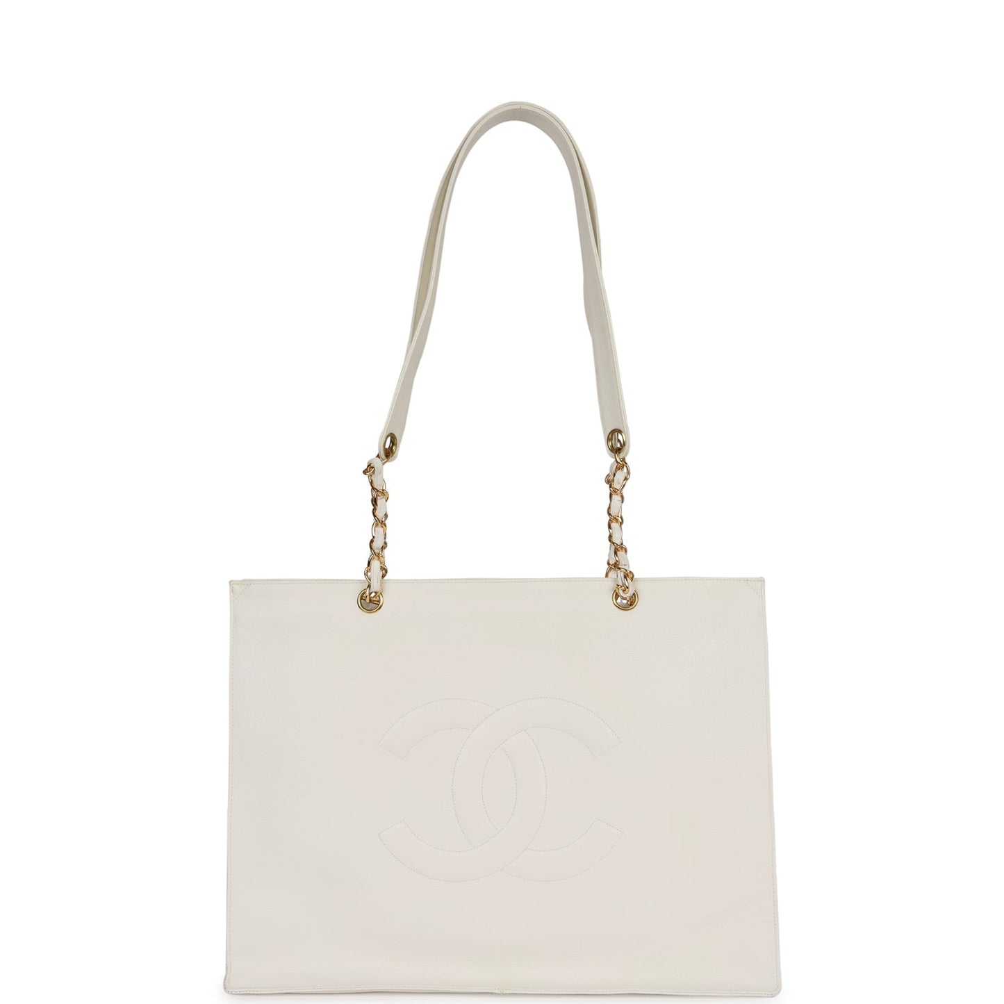 Chanel CC Chain Shopping Tote Bag White Caviar Gold Hardware