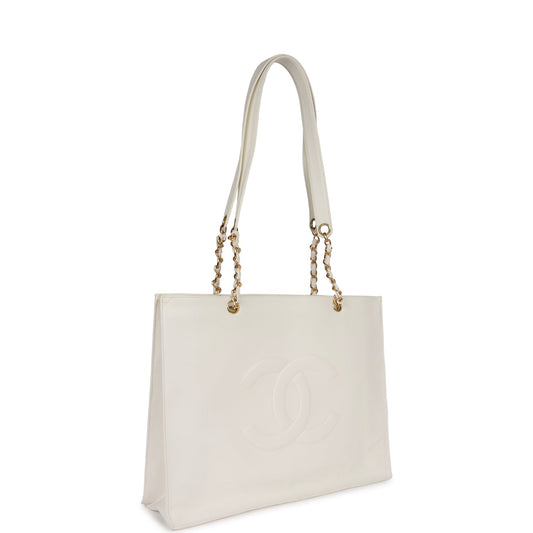 Chanel CC Chain Shopping Tote Bag White Caviar Gold Hardware