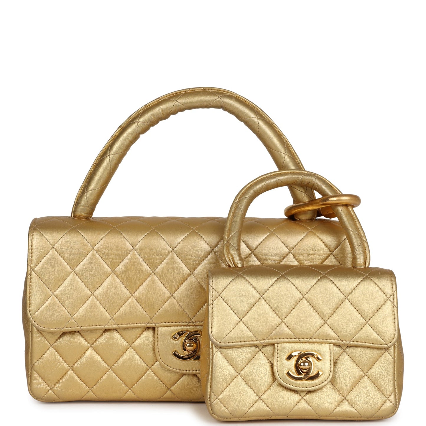 Chanel Kelly Parent and Child Flap Bag Set Gold Metallic Lambskin Gold Hardware