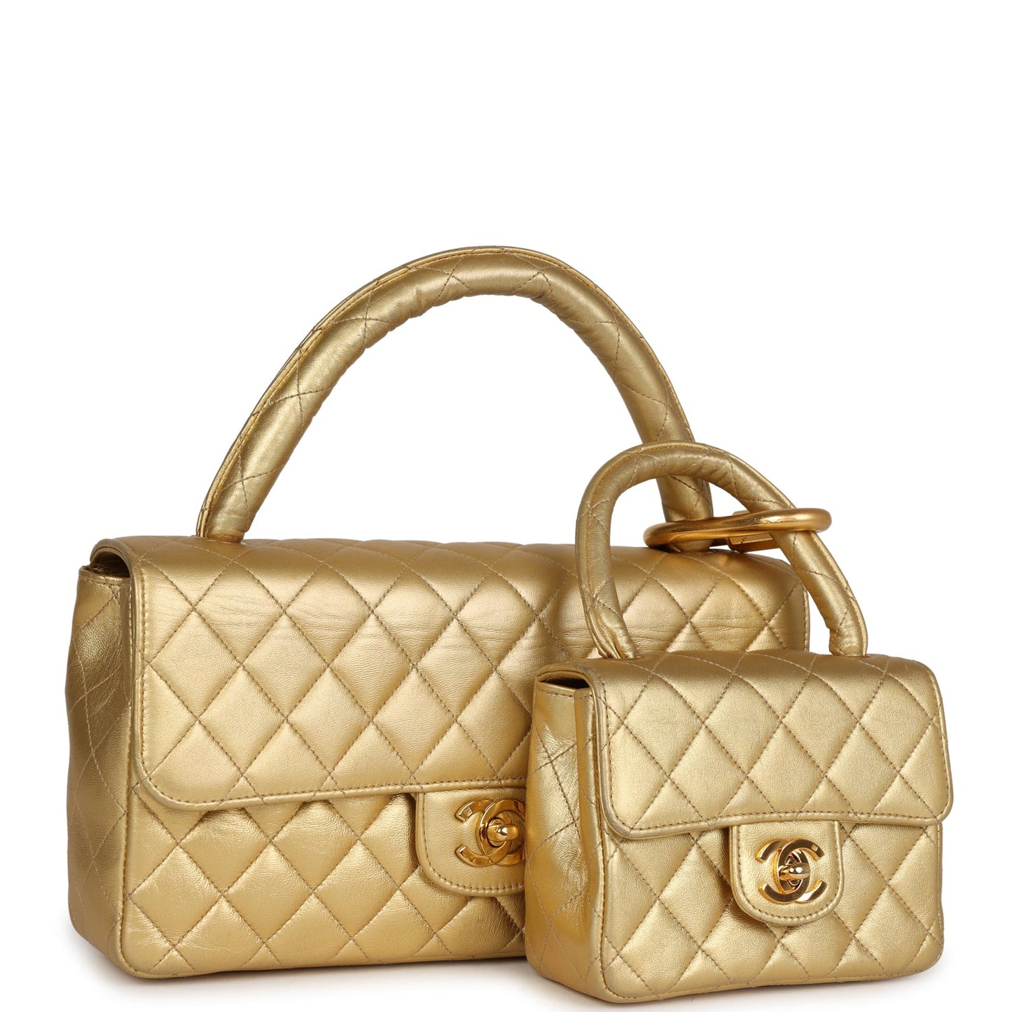 Chanel Kelly Parent and Child Flap Bag Set Gold Metallic Lambskin Gold Hardware