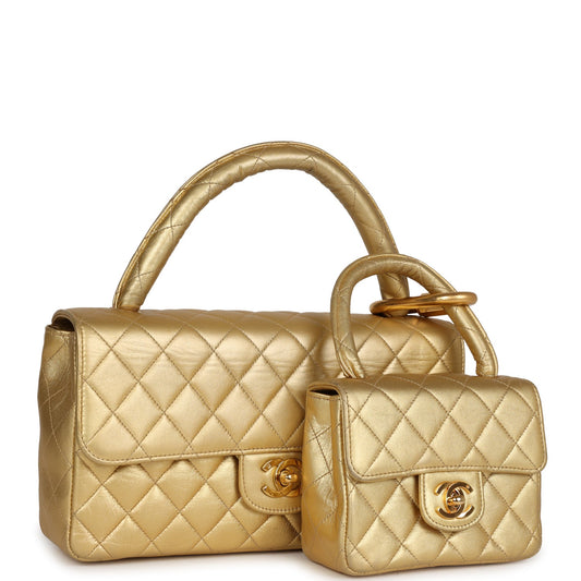 Chanel Kelly Parent and Child Flap Bag Set Gold Metallic Lambskin Gold Hardware