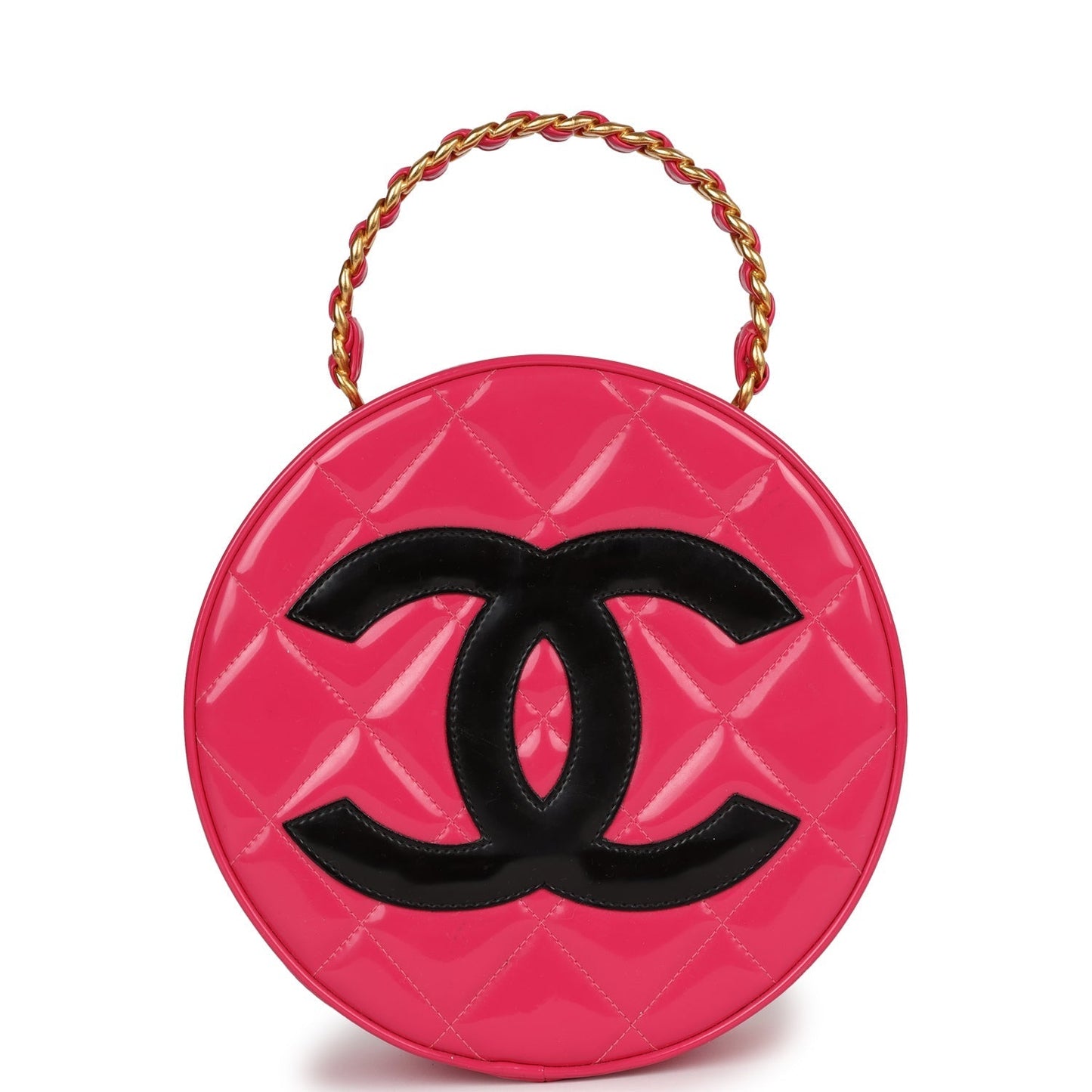 Chanel Round Vanity Bag Pink and Black Patent Leather Antique Gold Hardware