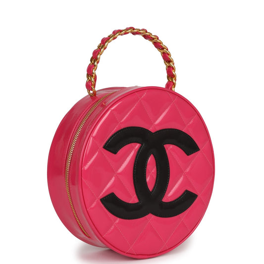 Chanel Round Vanity Bag Pink and Black Patent Leather Antique Gold Hardware
