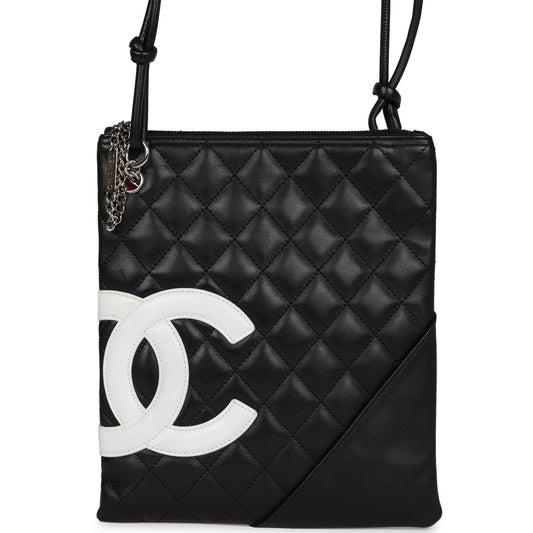Chanel Cambon Flat Messenger Black and White Lambskin Silver Hardware Handbag
