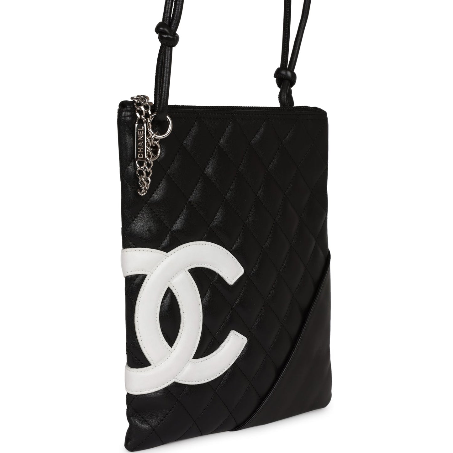 Chanel Cambon Flat Messenger Black and White Lambskin Silver Hardware Handbag