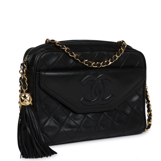 Chanel Quilted Front Pocket Camera Bag Black Lambskin Gold Hardware