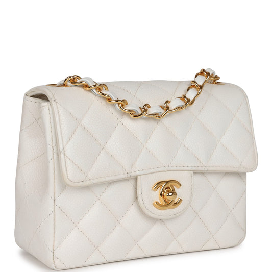 Chanel Mini Square Flap White Caviar Gold Hardware