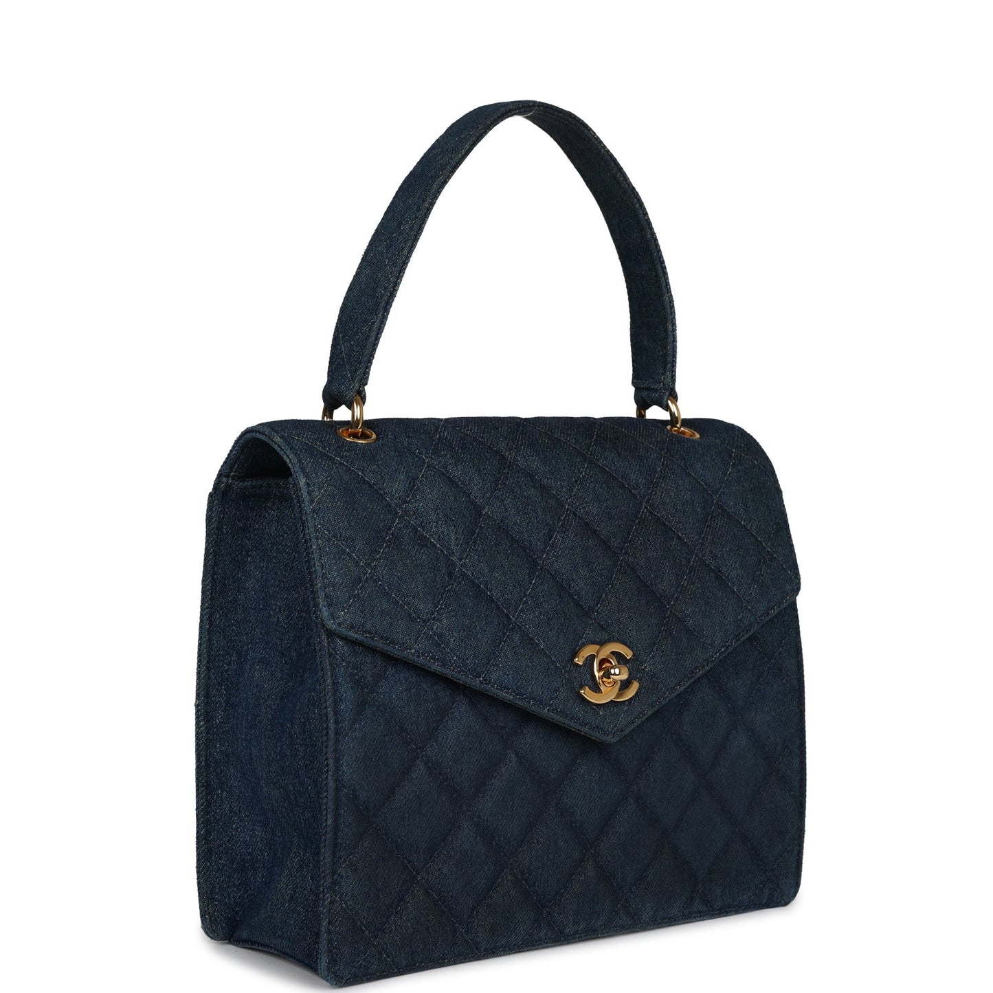 Chanel Envelope Flap Top Handle Handbag Dark Blue Denim Gold Hardware