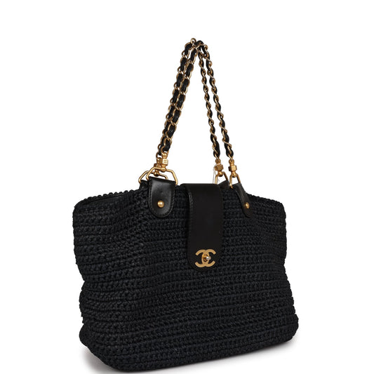 Chanel Straw Tote Black Raffia Gold Hardware