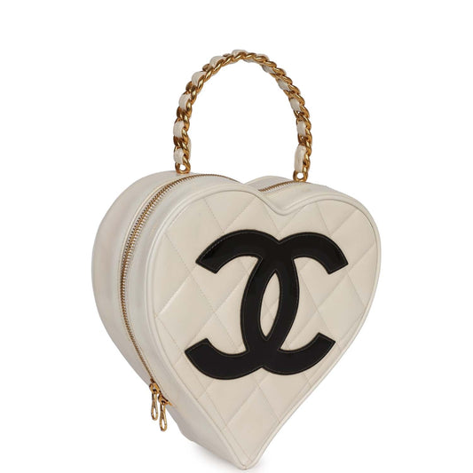 Chanel Heart Vanity Bag White and Black Patent Antique Gold Hardware