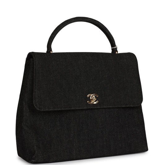 Chanel Kelly Top Handle Bag Black Denim Gold Hardware