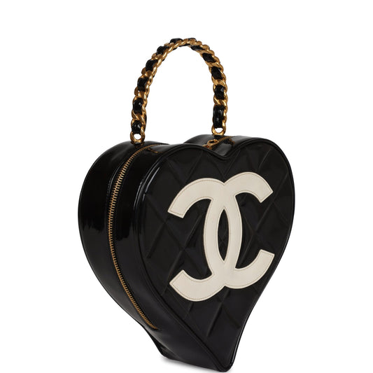 Chanel Heart Vanity Bag Black and White Patent Antique Gold Hardware