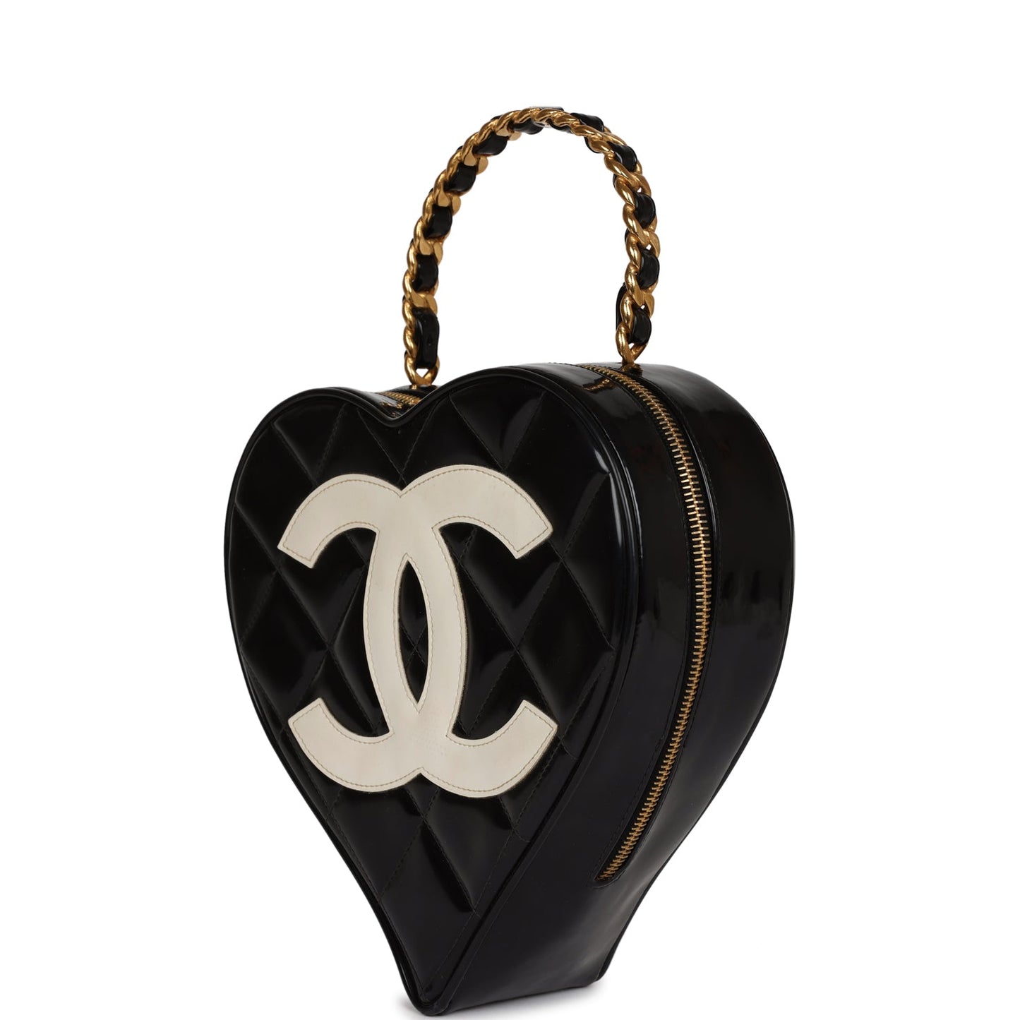 Chanel Heart Vanity Bag Black and White Patent Antique Gold Hardware