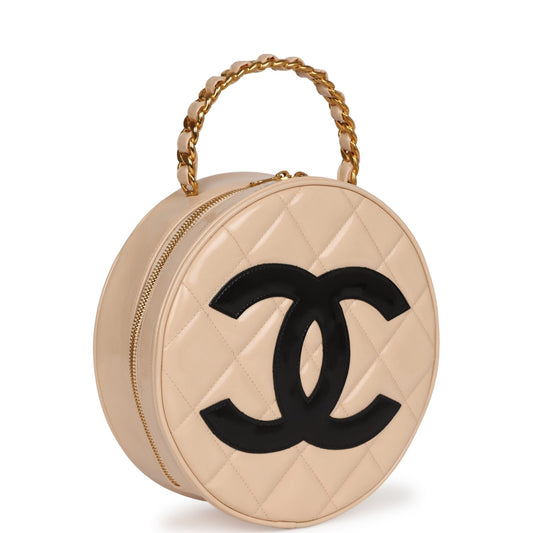 Chanel Round Vanity Bag Beige and Black Patent Leather Antique Gold Hardware
