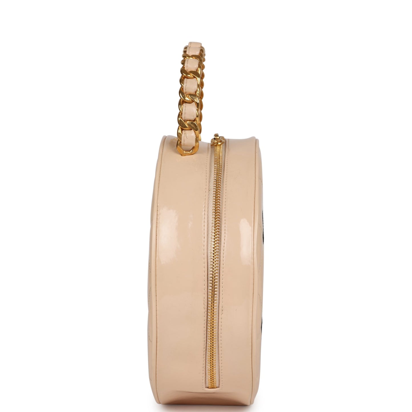 Chanel Round Vanity Bag Beige and Black Patent Leather Antique Gold Hardware