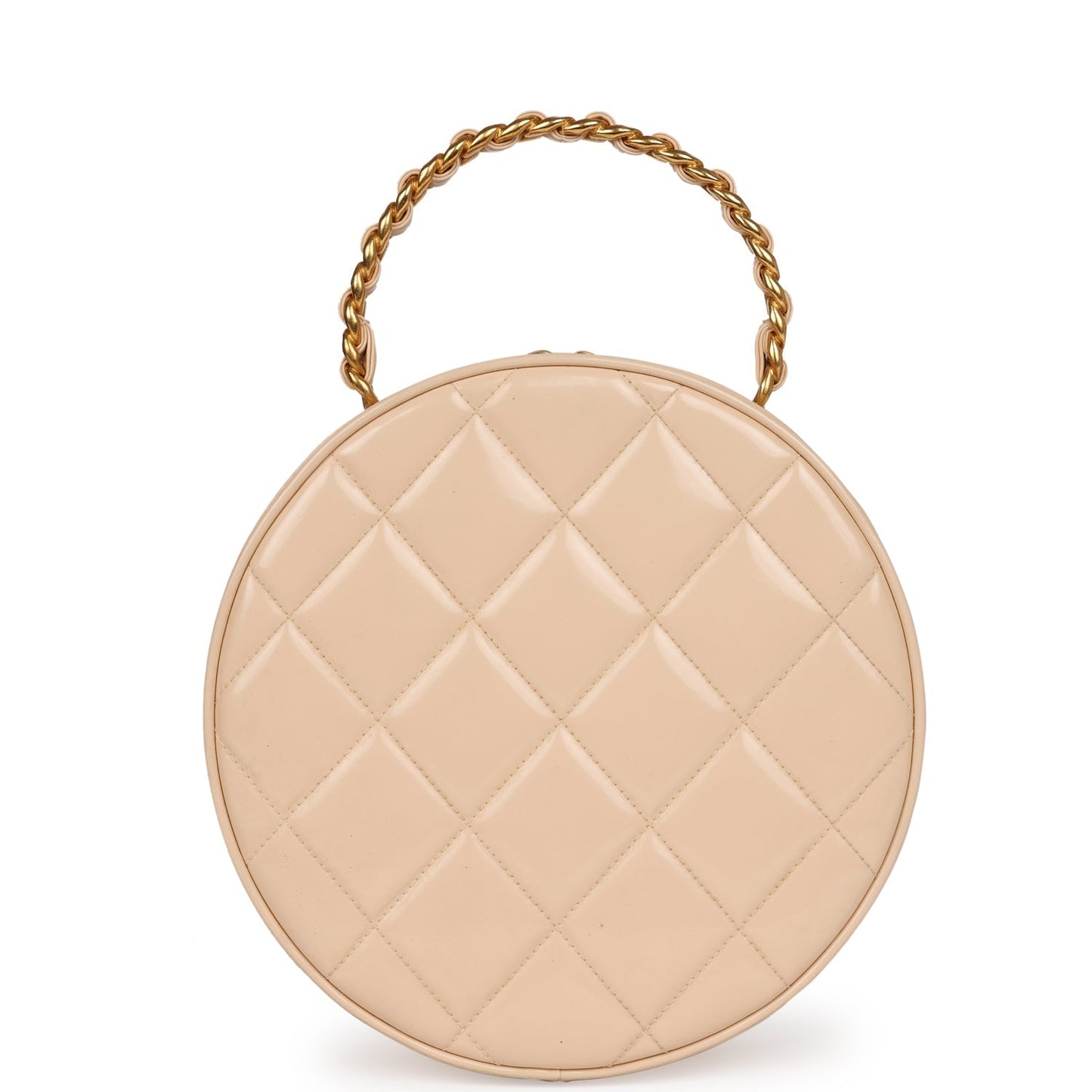 Chanel Round Vanity Bag Beige and Black Patent Leather Antique Gold Hardware