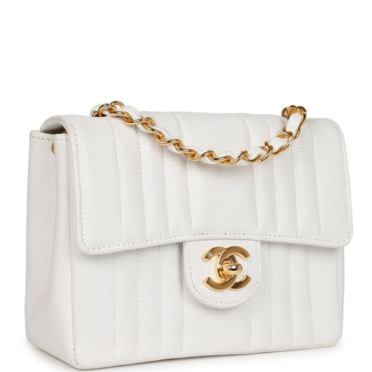 Chanel Mini Square Flap Vertical Stripe White Caviar Gold Hardware