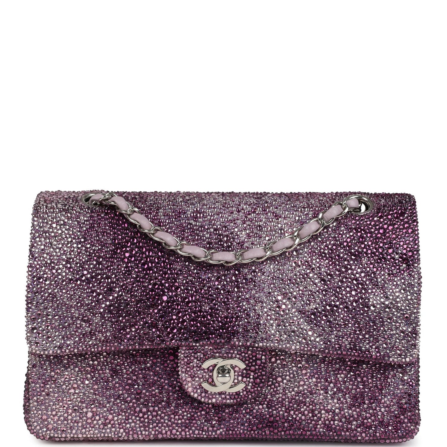 Custom Swarovski Crystal Chanel Medium Classic Double Flap Purple Lambskin Silver Hardware