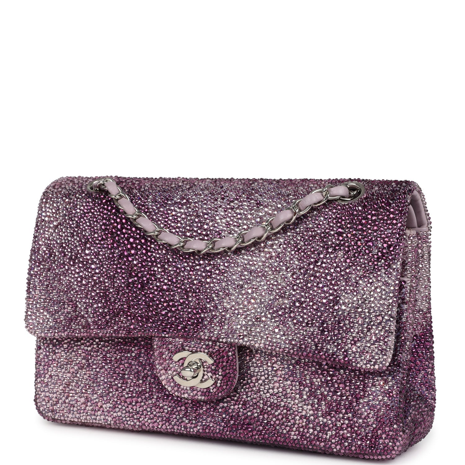Custom Swarovski Crystal Chanel Medium Classic Double Flap Purple Lambskin Silver Hardware