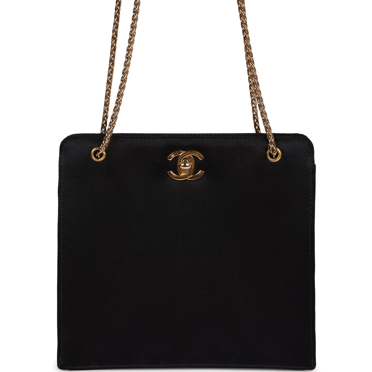 Chanel Square Shoulder Bag Black Satin Gold Hardware