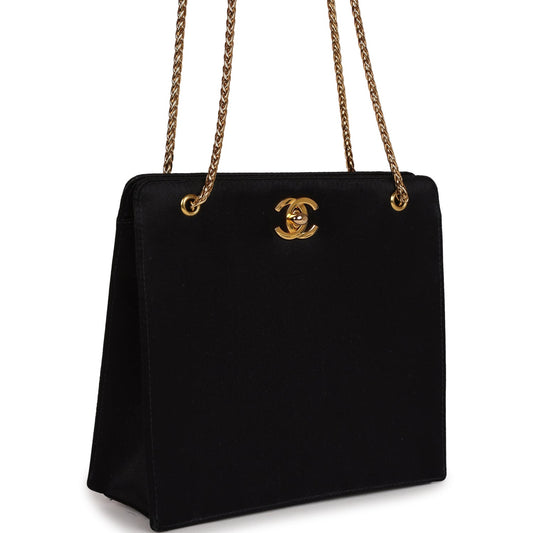 Chanel Square Shoulder Bag Black Satin Gold Hardware