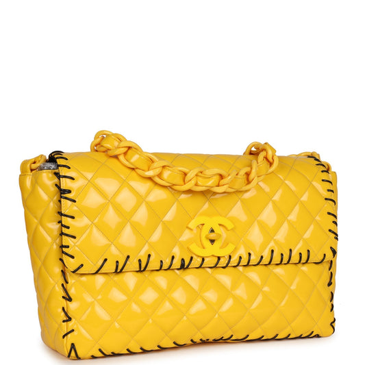 Chanel XL Jumbo Stitch Flap Bag Yellow Patent Leather Yellow Acrylic Hardware