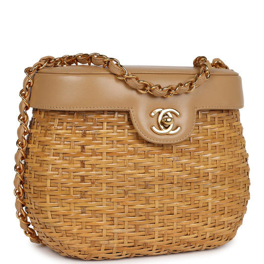 Chanel Basket Bag Beige Lambskin and Rattan Wicker Gold Hardware