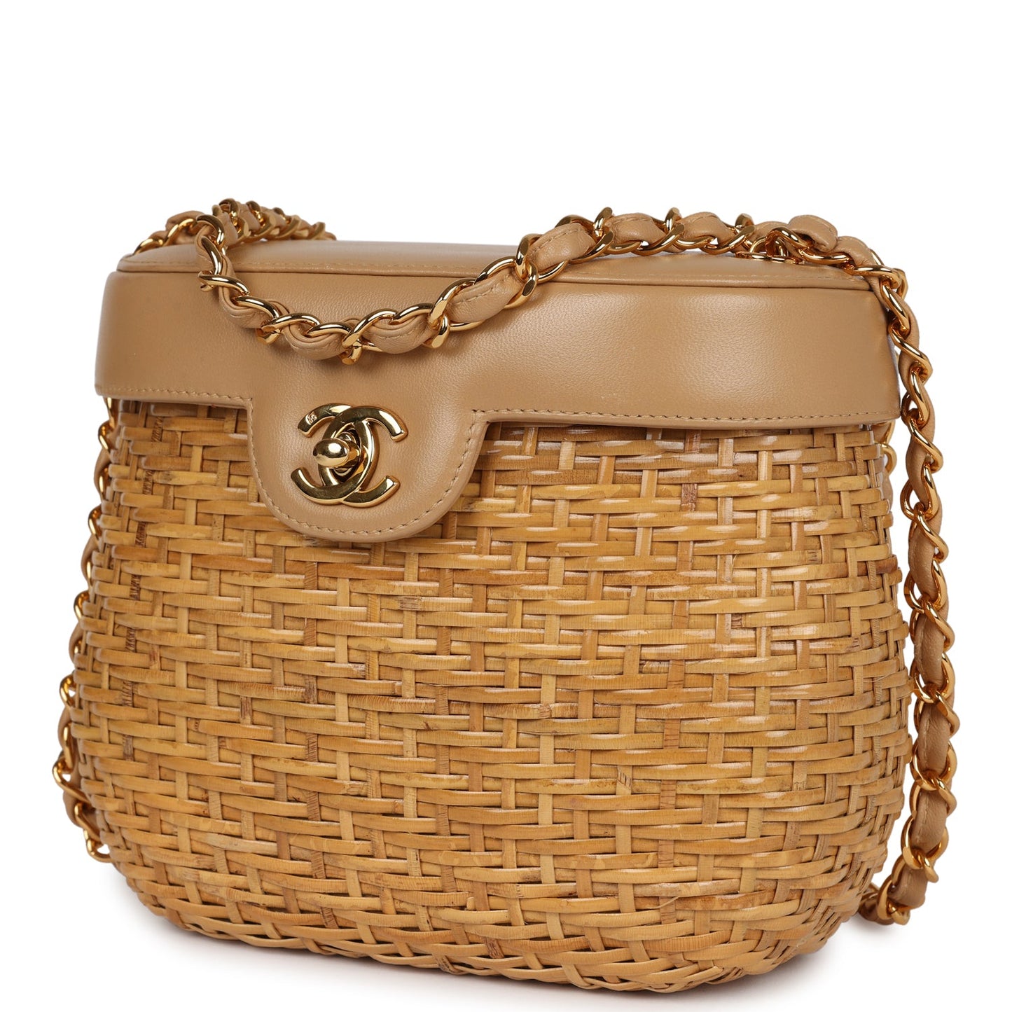 Chanel Basket Bag Beige Lambskin and Rattan Wicker Gold Hardware