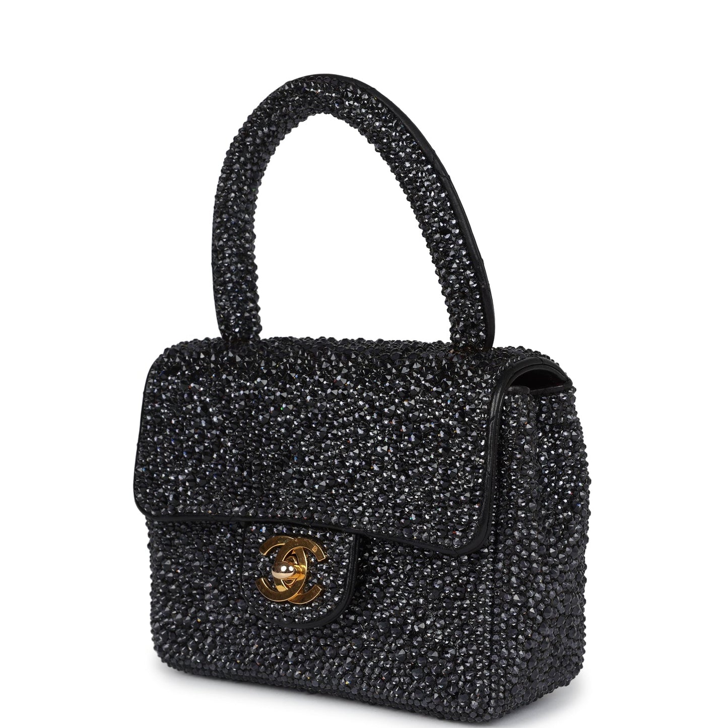 Custom Black Swarovski Crystal Chanel Mini Kelly Flap Bag Black Lambskin Gold Hardware