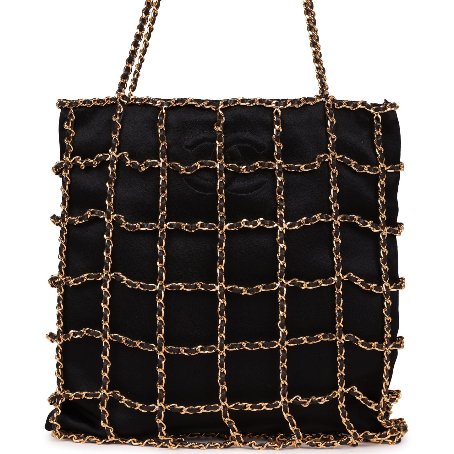 Chanel Chain Frame CC Shopping Tote Black Satin Gold Hardware