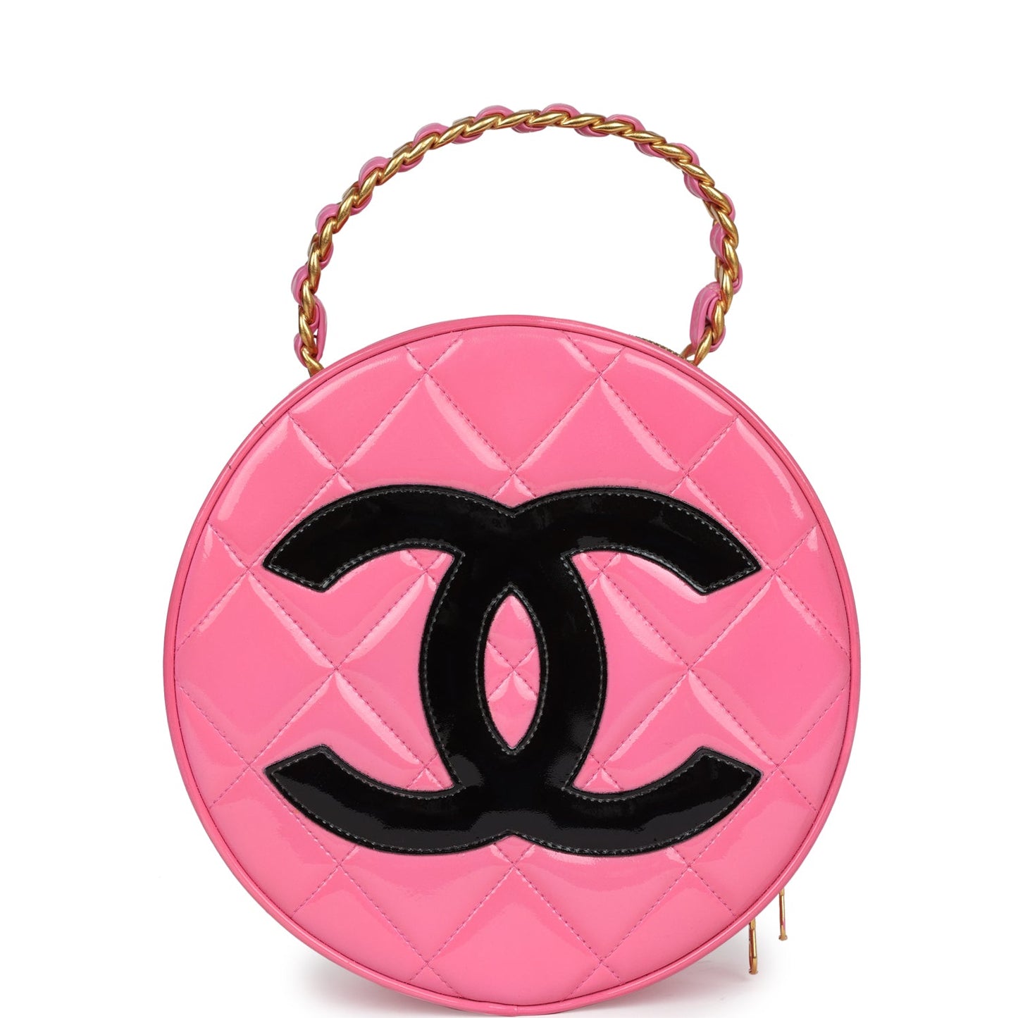 Chanel Round Vanity Bag Pink and Black Patent Leather Antique Gold Hardware