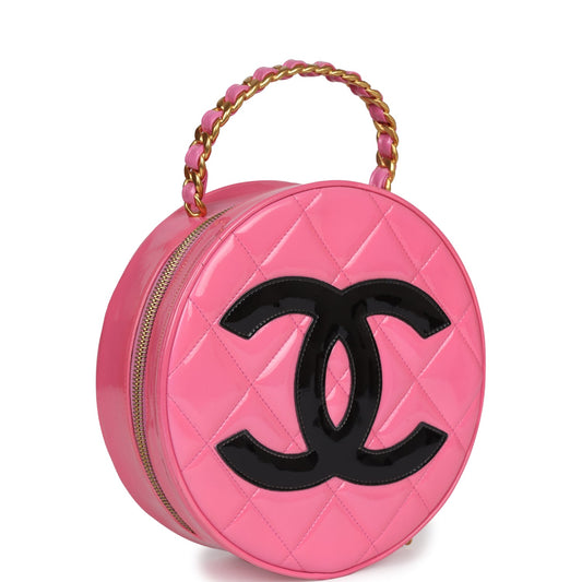 Chanel Round Vanity Bag Pink and Black Patent Leather Antique Gold Hardware