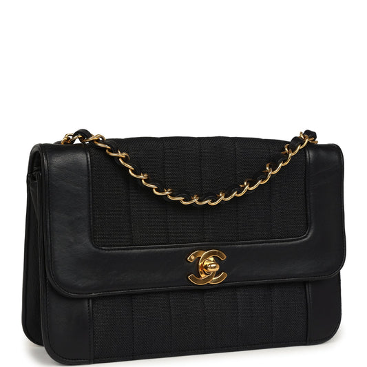 Chanel Vertical Border Flap Bag Black Linen and Lambskin Gold Hardware